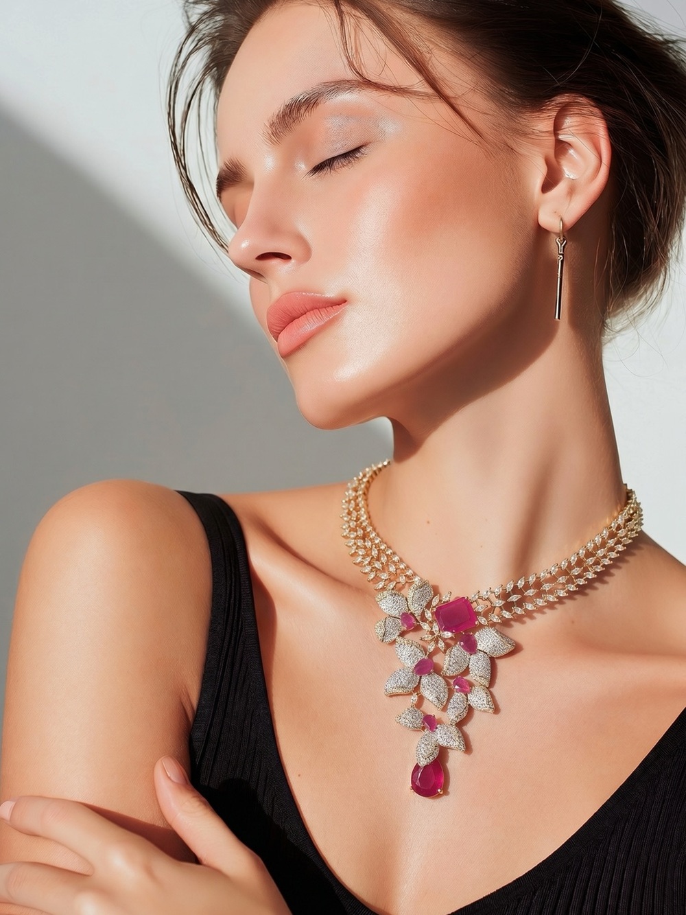Gold-Plated Pink Crystal Floral Statement Necklace and earrings